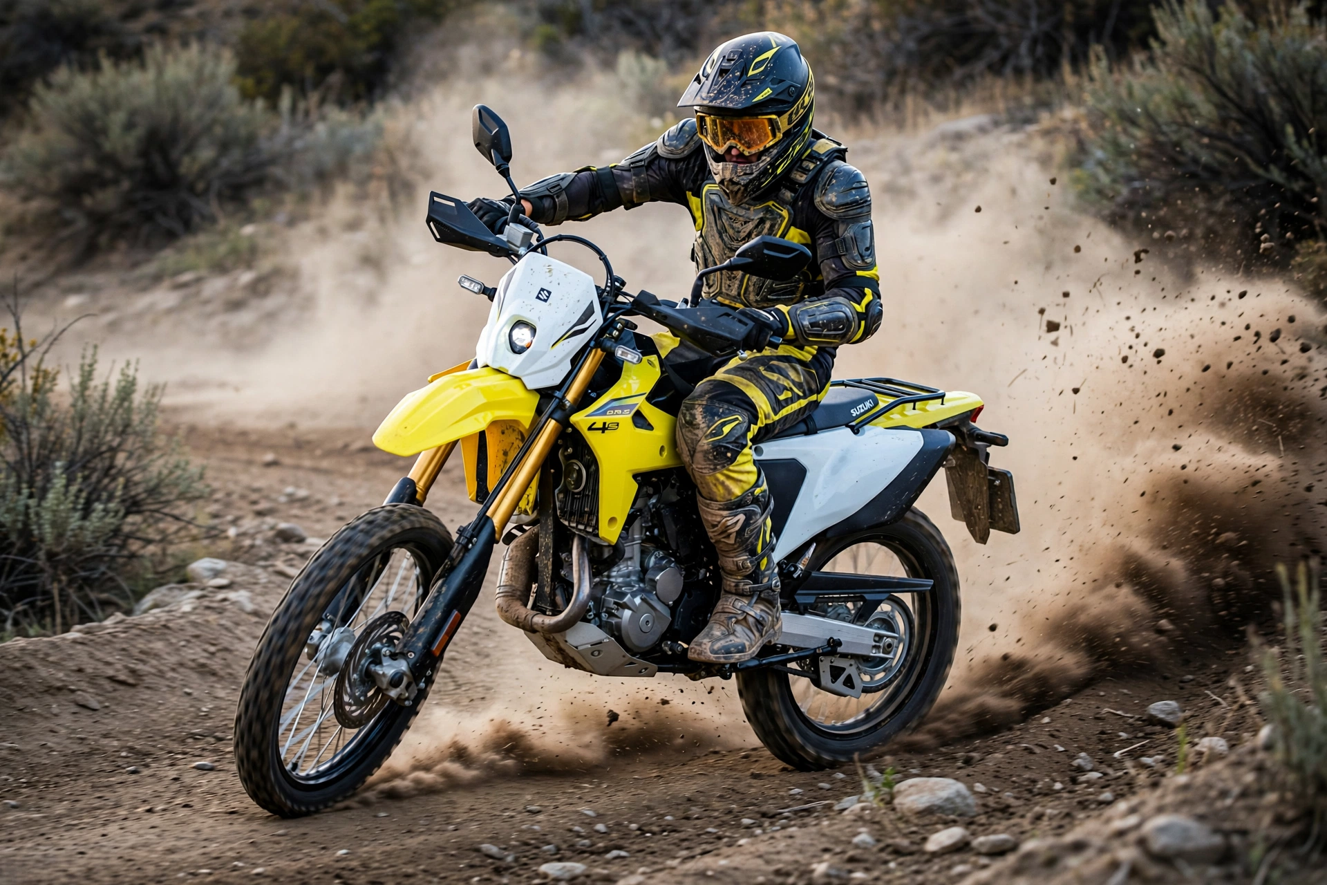 Suzuki DR-Z4S 2025 derrapando en pista de tierra