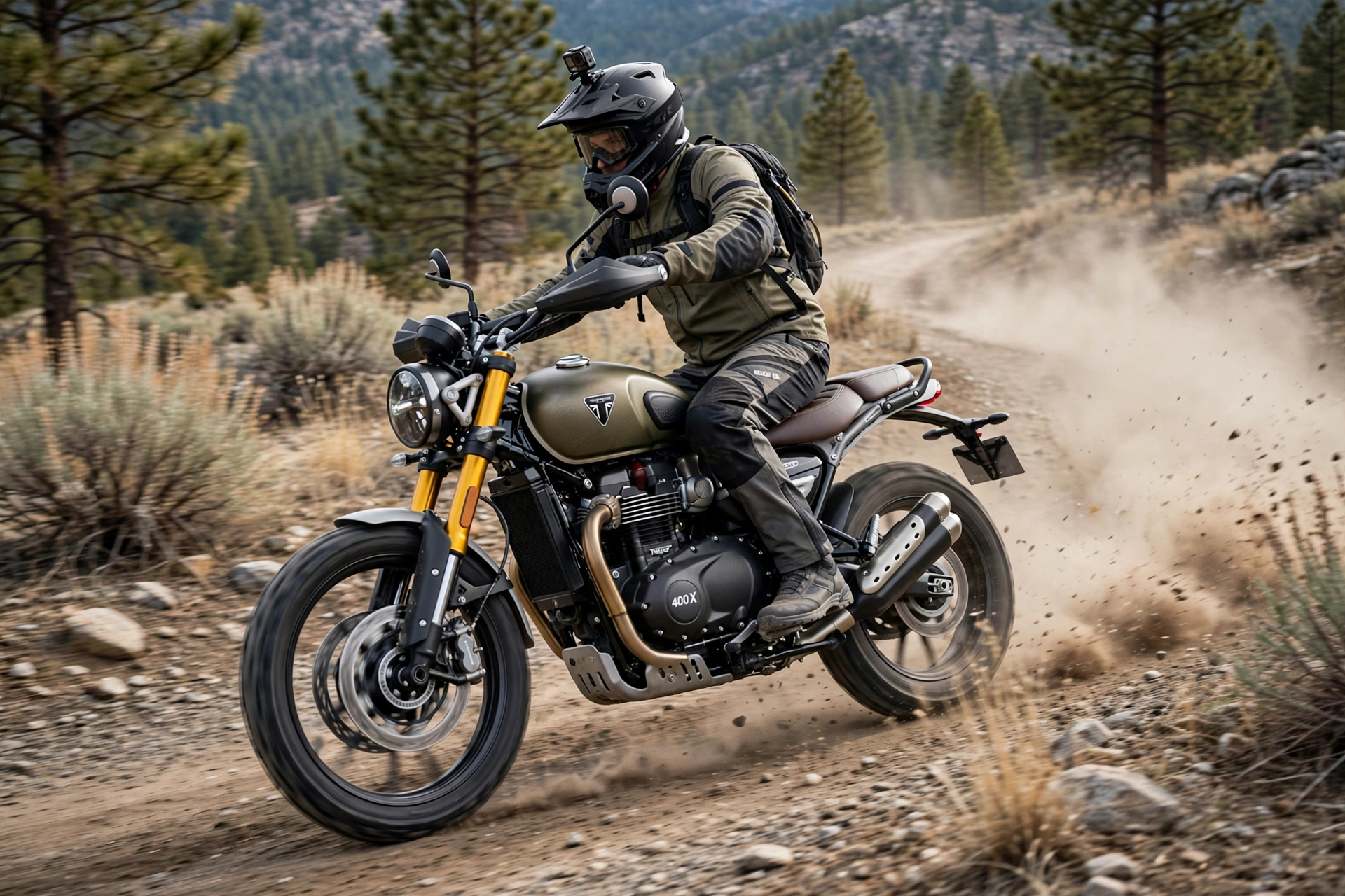 Triumph Scrambler 400 X 2024 en pista de tierra