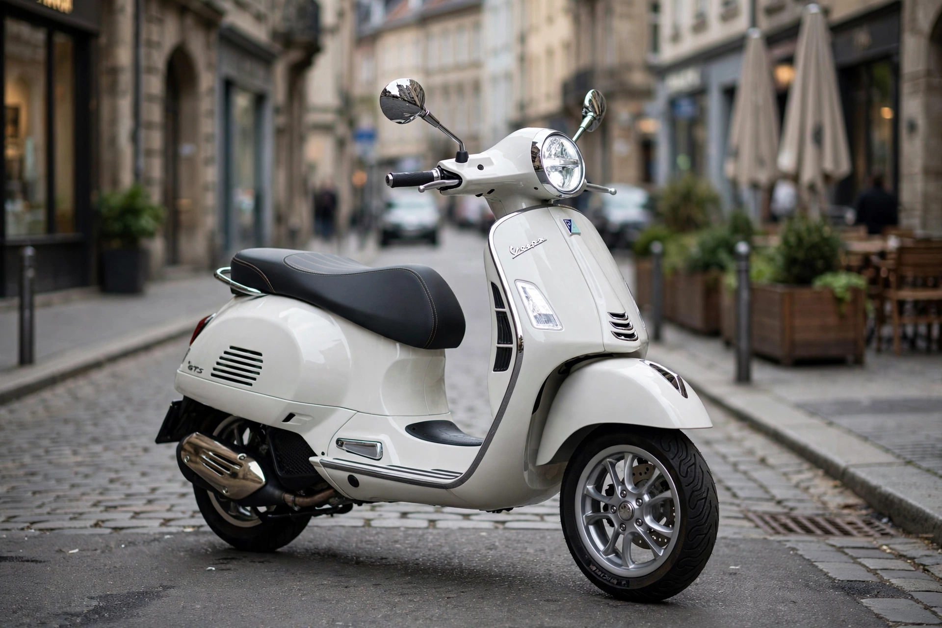 Vespa GTS 125 azul en carretera costera