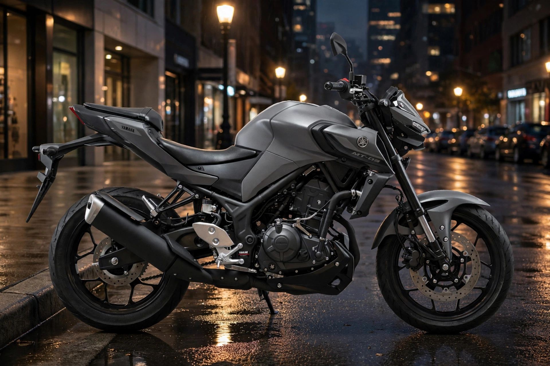 Yamaha MT-03 2025, vista tres cuartos delantera