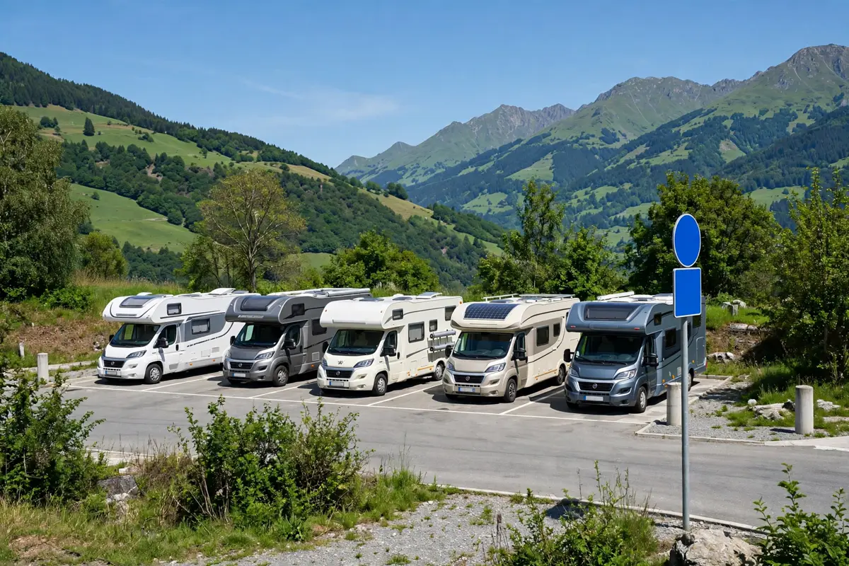 Autocaravanas aparcadas en un área de servicio habilitada con señalización