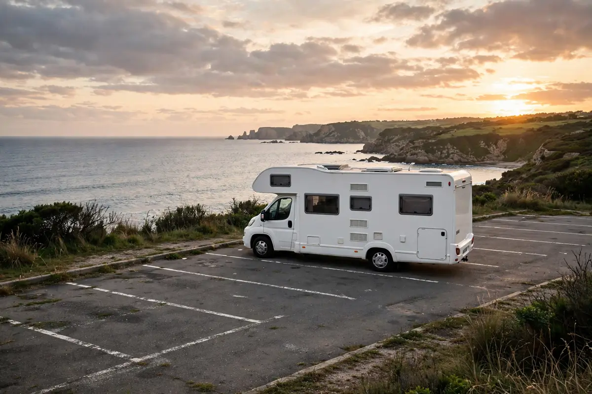 Autocaravana blanca aparcada junto a la costa cantábrica al atardecer