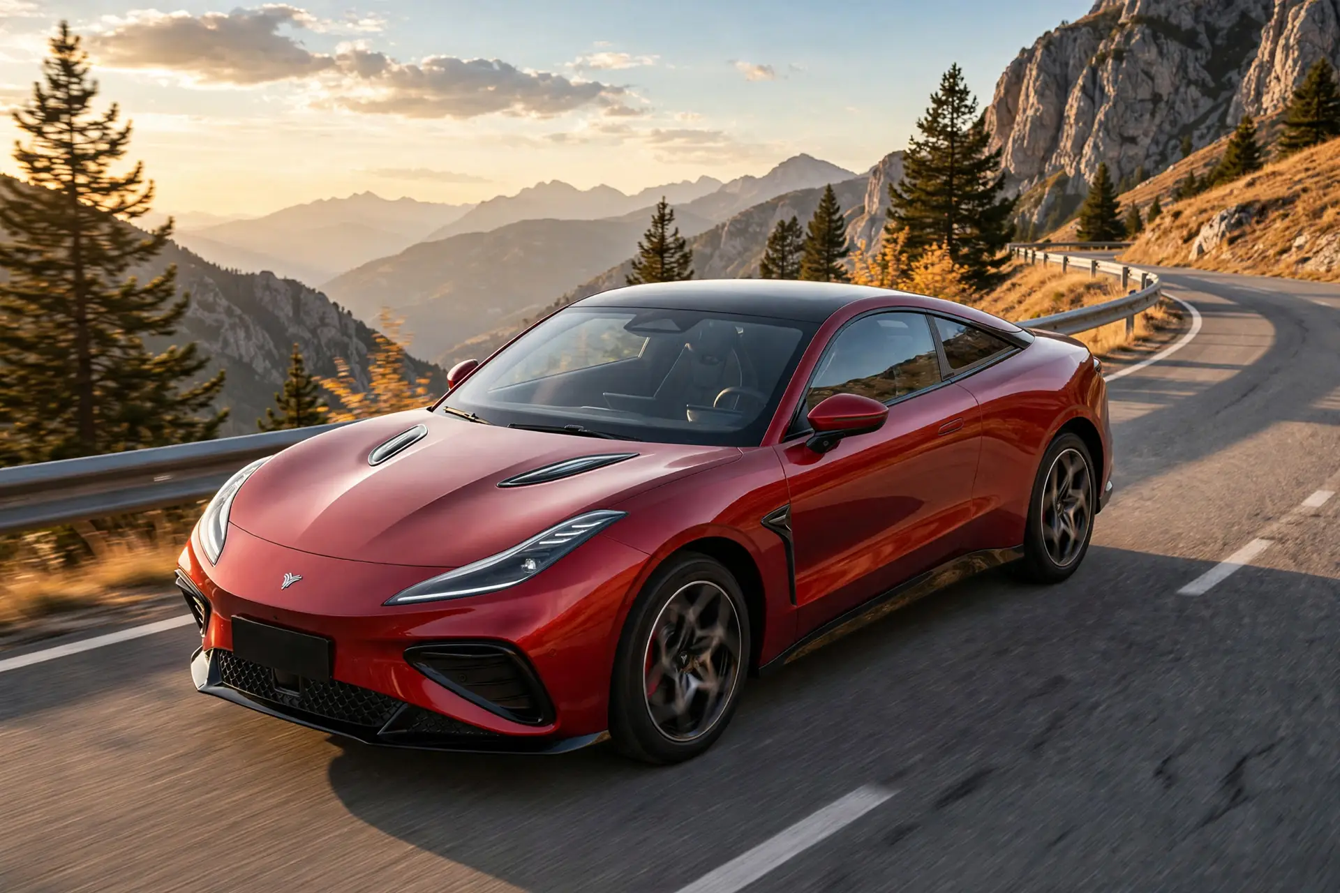 Neta GT coupé eléctrico en carretera de montaña al atardecer