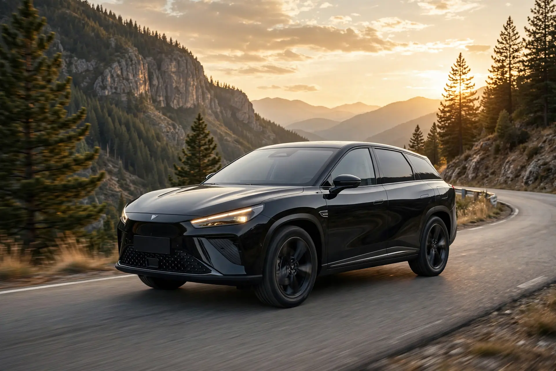 Neta L SUV eléctrico en carretera de montaña al atardecer