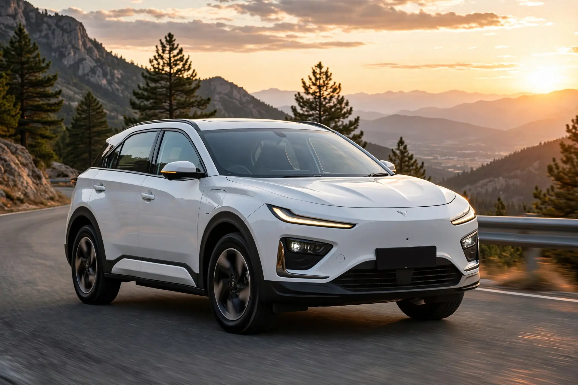 Neta X eléctrico en carretera de montaña al atardecer