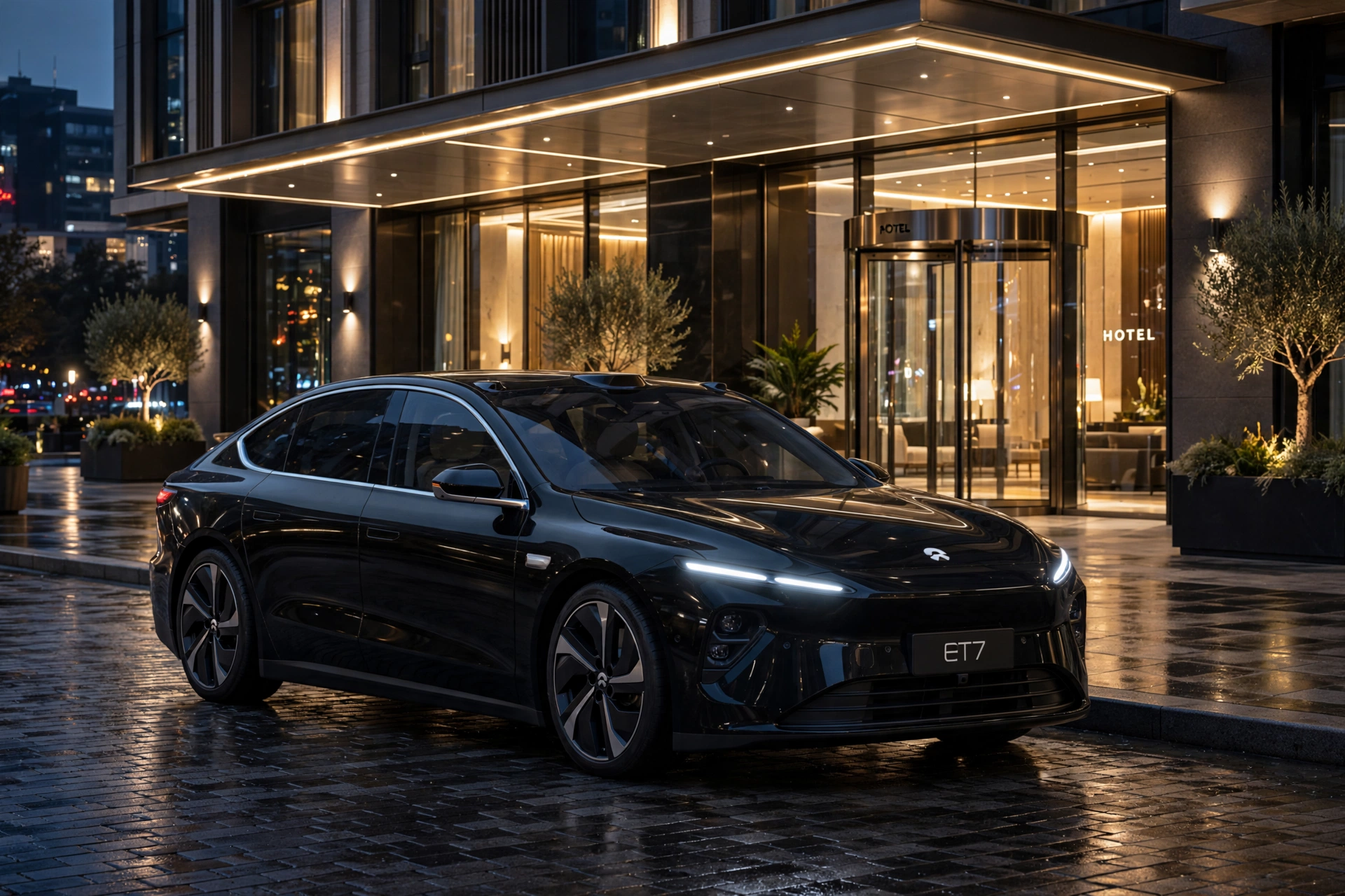 Nio ET7 negro, berlina eléctrica de lujo china, vista frontal