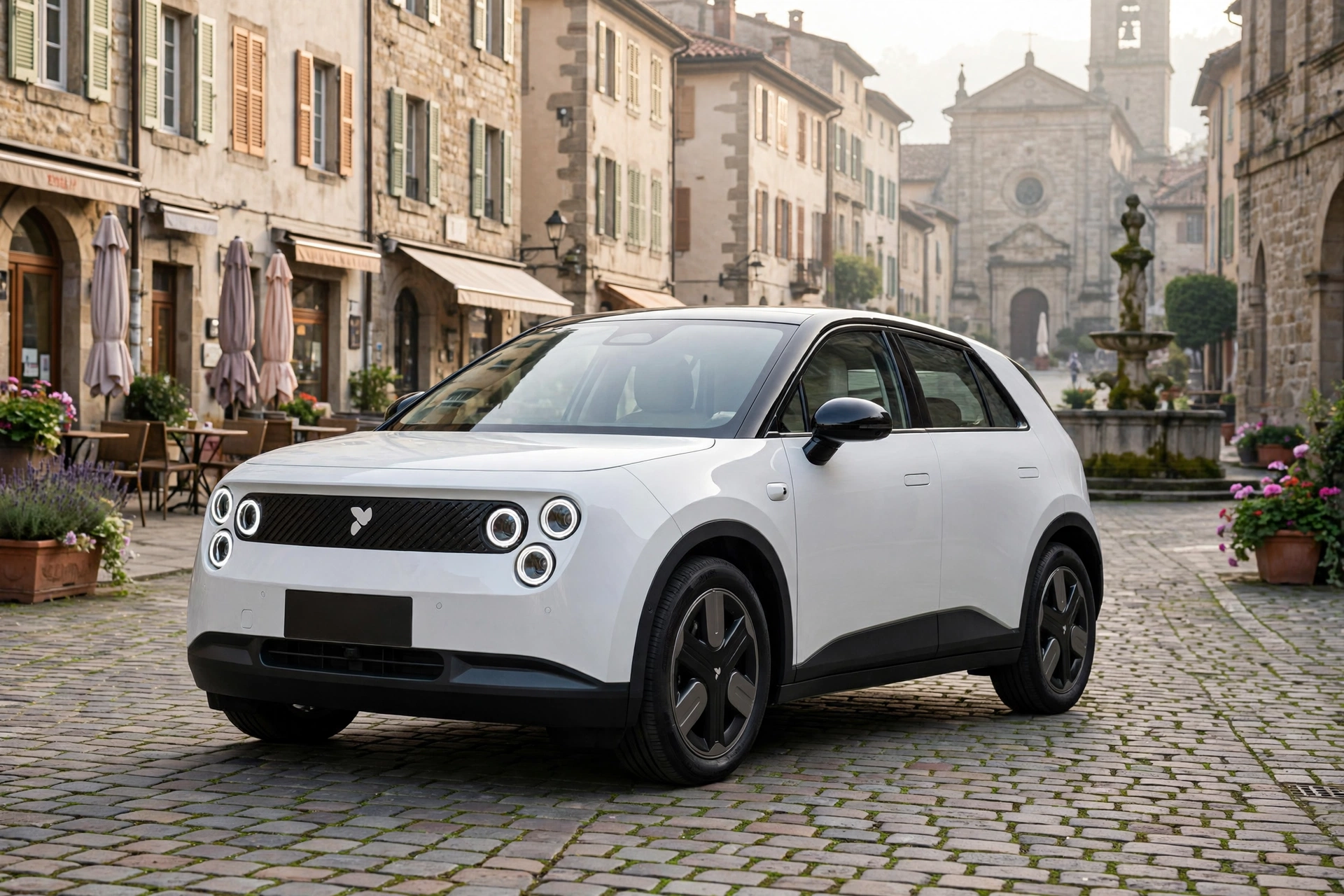 Pequeño coche eléctrico urbano NIO Firefly blanco con faros redondos aparcado en una plaza de casco antiguo europeo