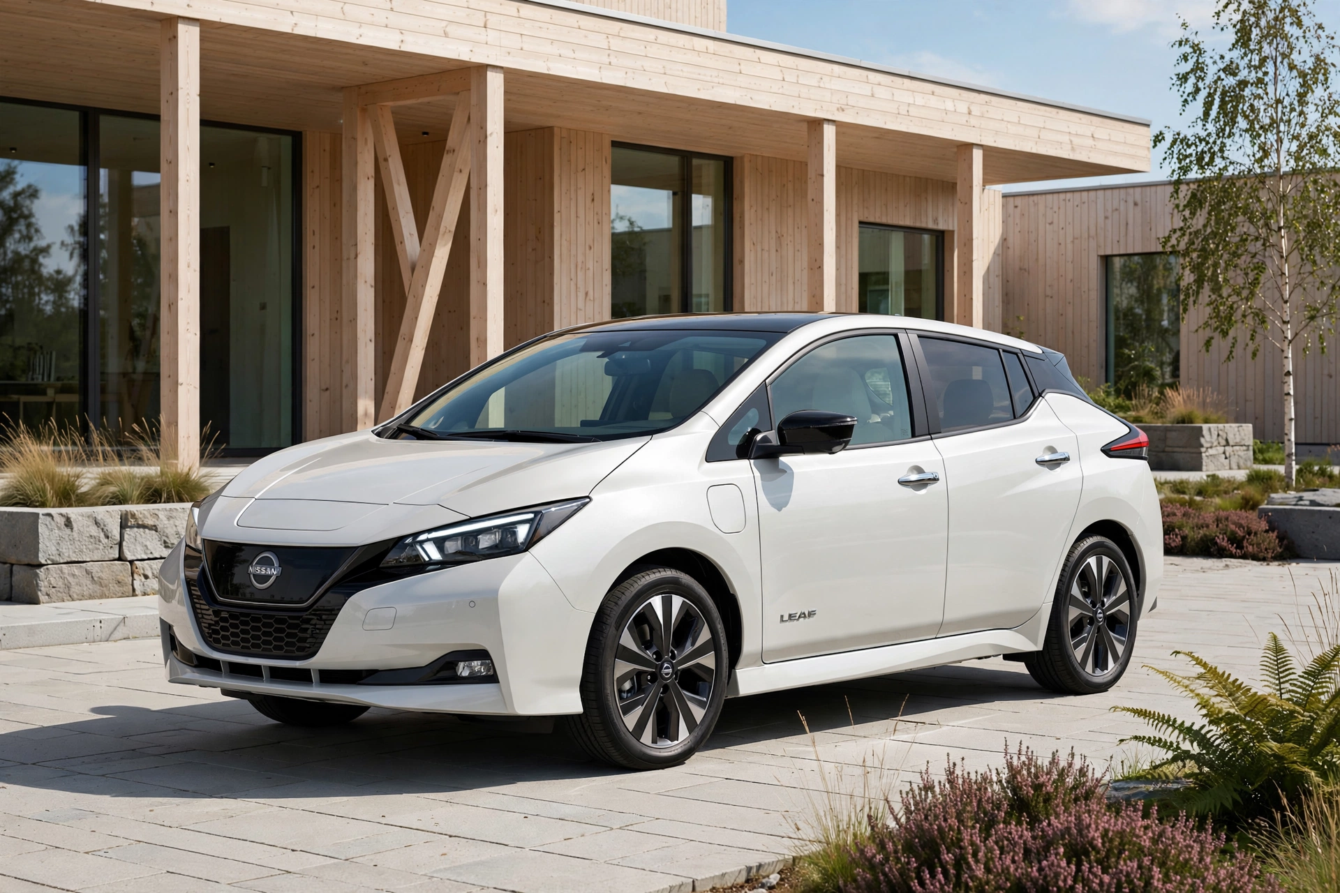 Nuevo Nissan Leaf 2026 eléctrico azul, tres cuartos delantero