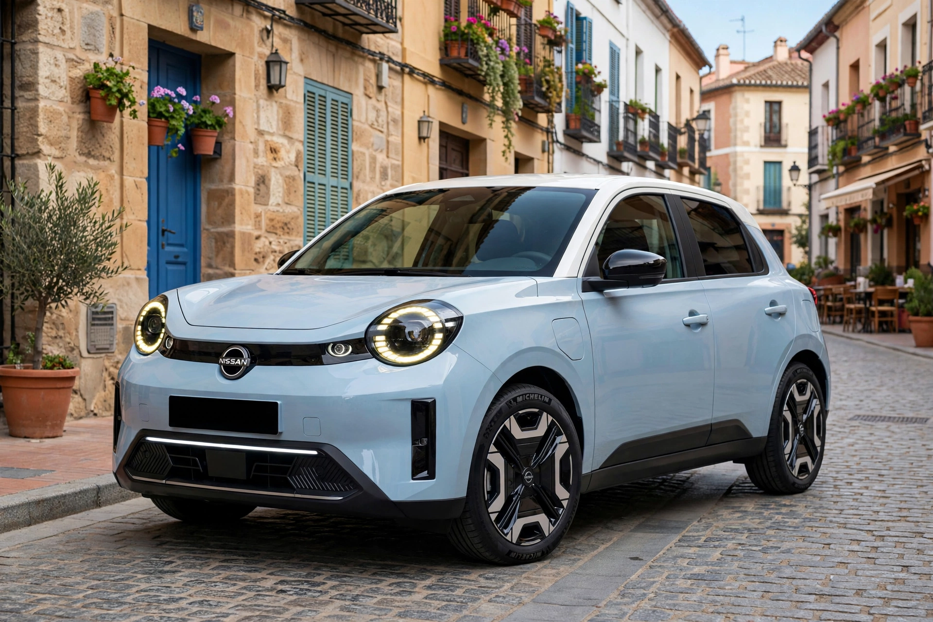 Nissan Micra eléctrico 2026 rojo en ciudad europea