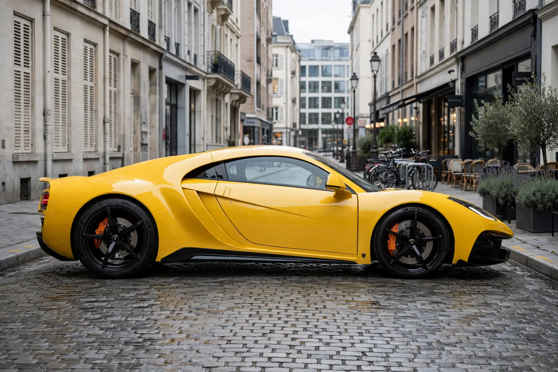 Noble M500 amarillo, vista lateral de perfil en ciudad europea