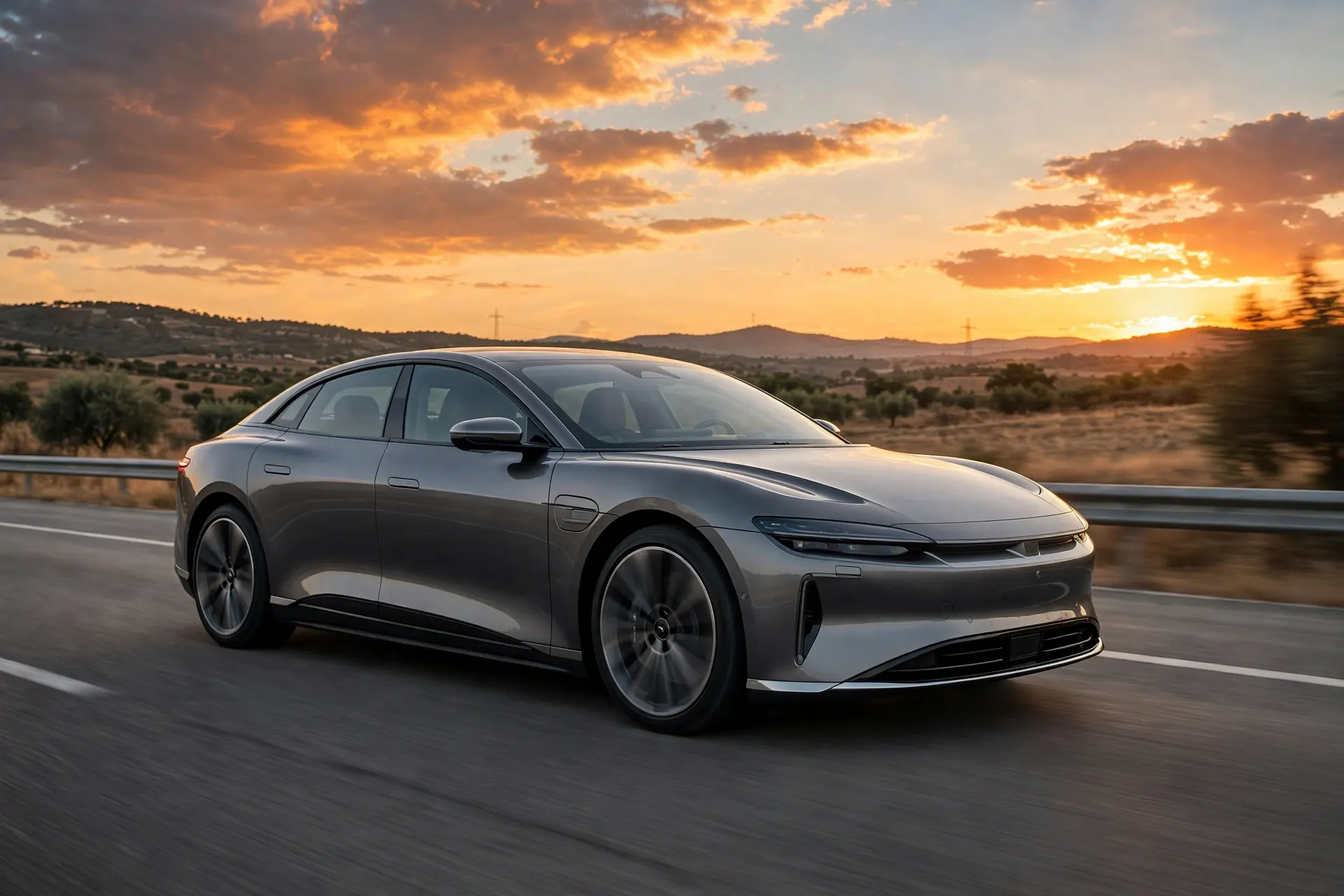 Berlina eléctrica premium gris grafito circulando por una autopista española al atardecer