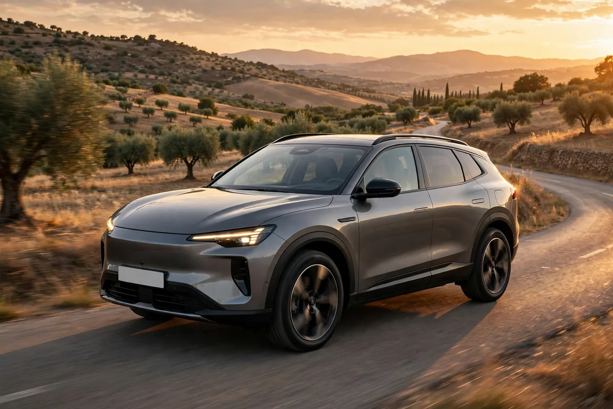Nuevo Hyundai Tucson 2027 gris grafito circulando por una carretera española al atardecer