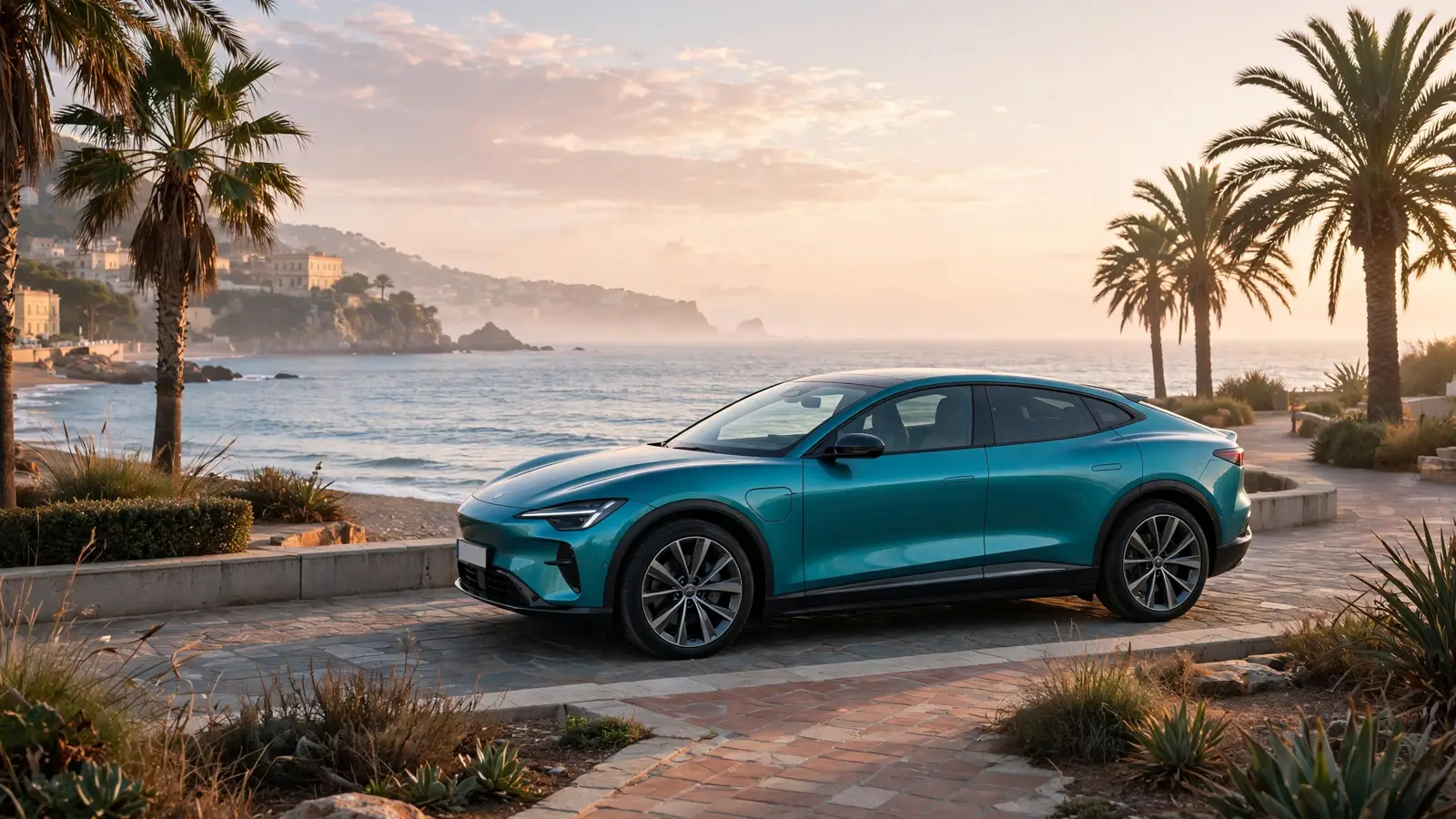 SUV coupé eléctrico turquesa aparcado en un paseo marítimo mediterráneo al amanecer con palmeras