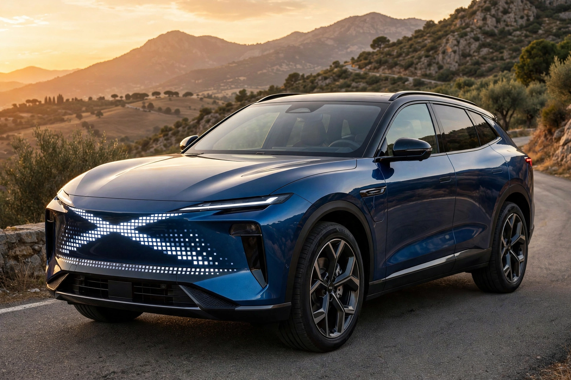 Omoda 7 SHS azul metalizado en carretera de montaña española al atardecer