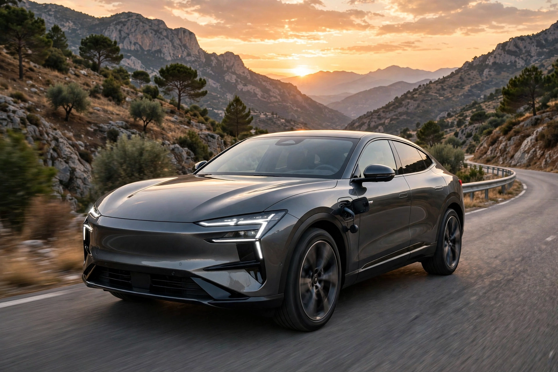 SUV coupé híbrido enchufable gris oscuro de gran tamaño circulando por una carretera de montaña española al atardecer