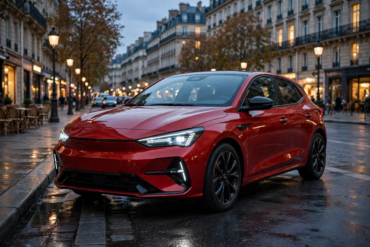 Opel Astra diésel rojo en bulevar europeo al atardecer