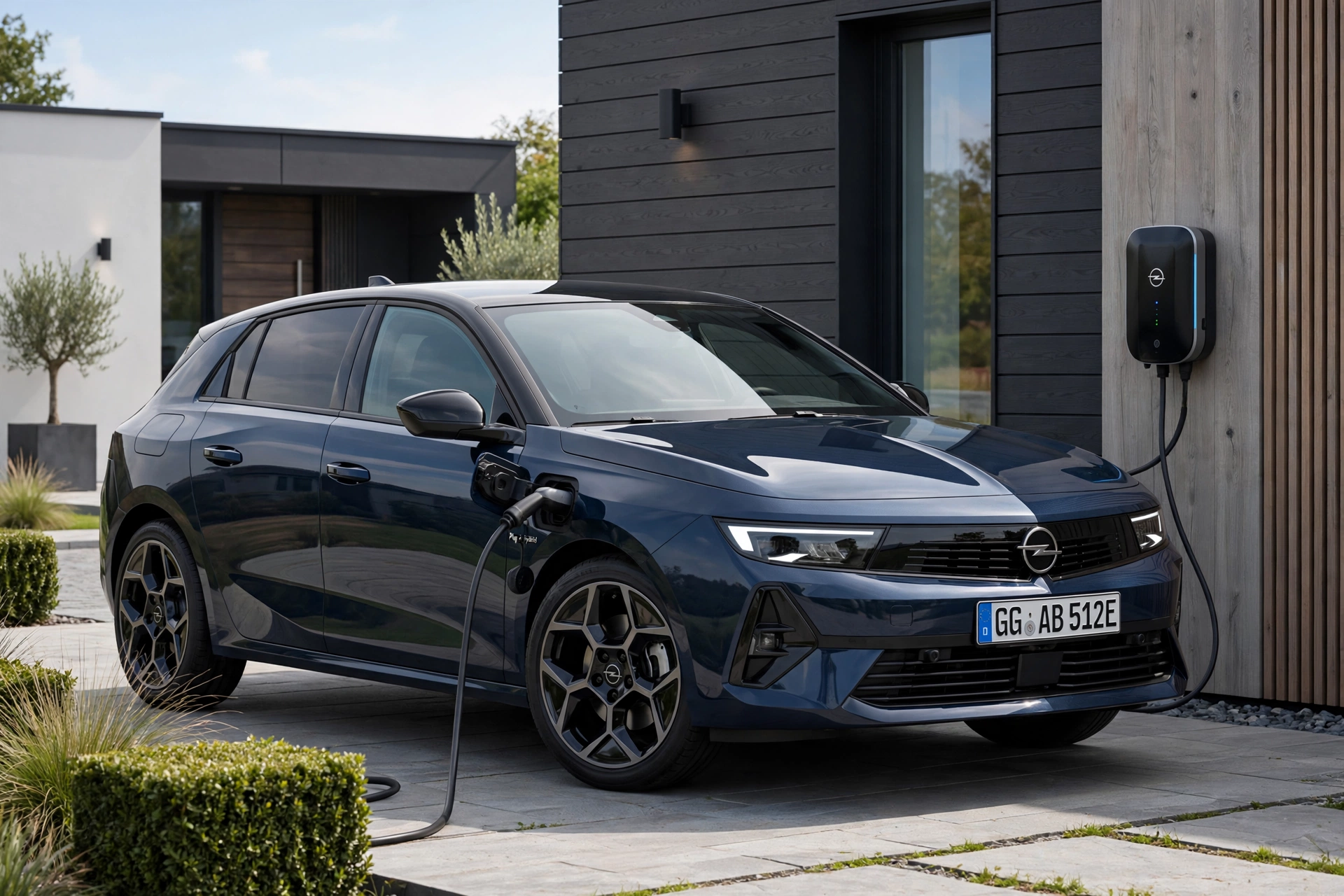 Opel Astra Plug-in Hybrid de color azul oscuro cargando en un wallbox doméstico