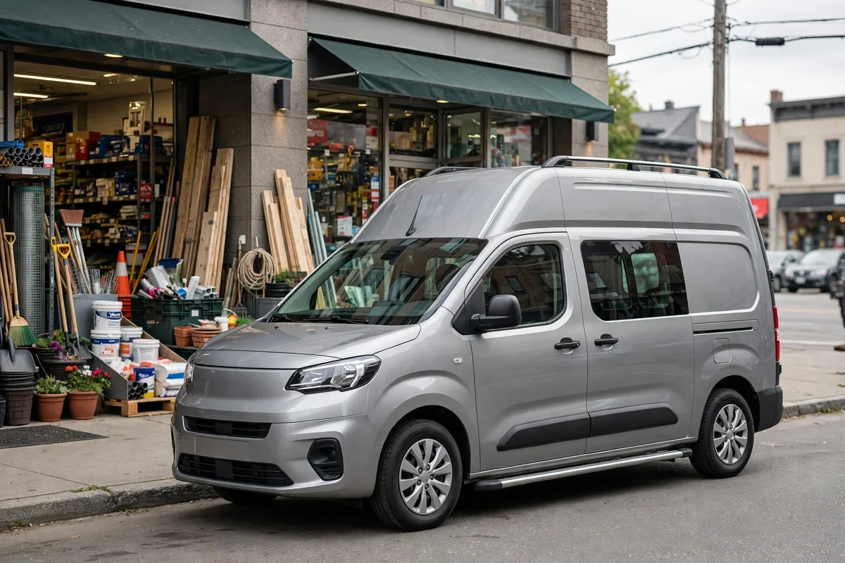 Opel Combo XL diésel gris frente a tienda de bricolaje