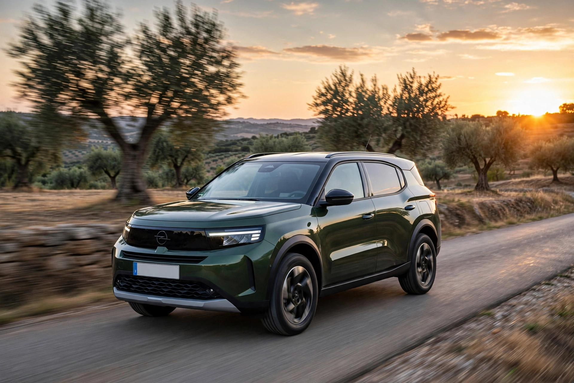 Opel Frontera Electric verde circulando por una carretera rural española al atardecer