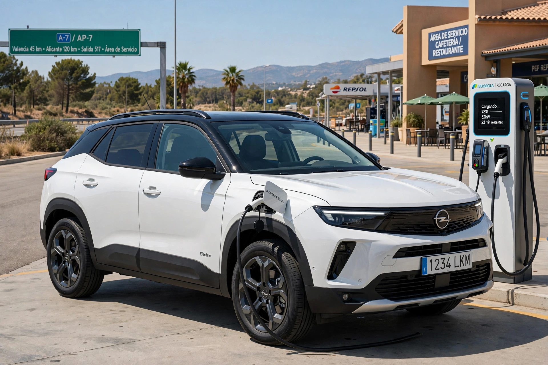 Opel Frontera Electric de color blanco cargando en una estación de carga rápida