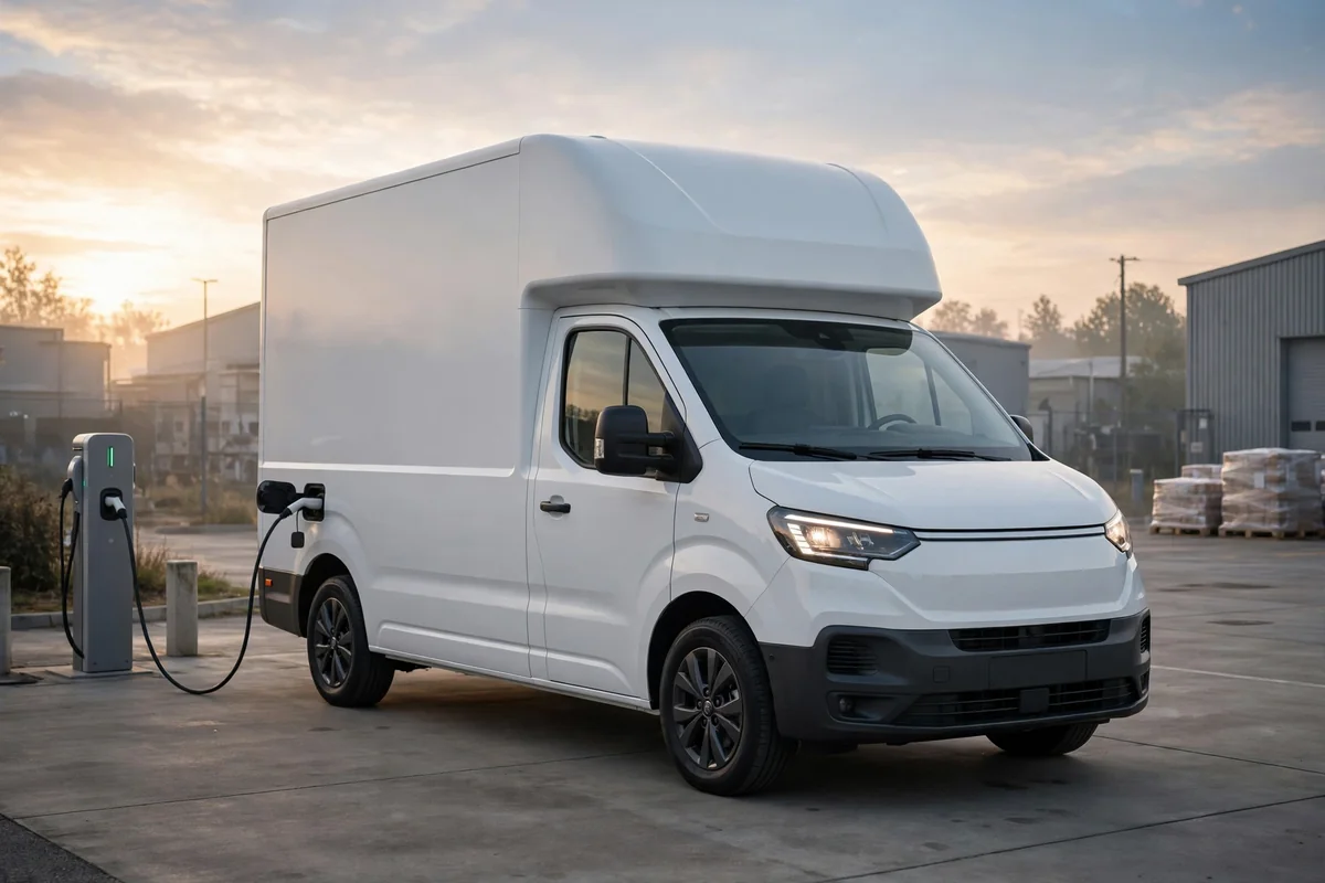 Opel Movano Electric blanca cargando en base al amanecer