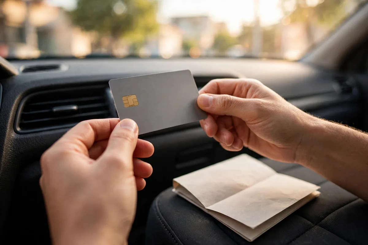 Manos sosteniendo una tarjeta de crédito junto a una multa de tráfico dentro del coche