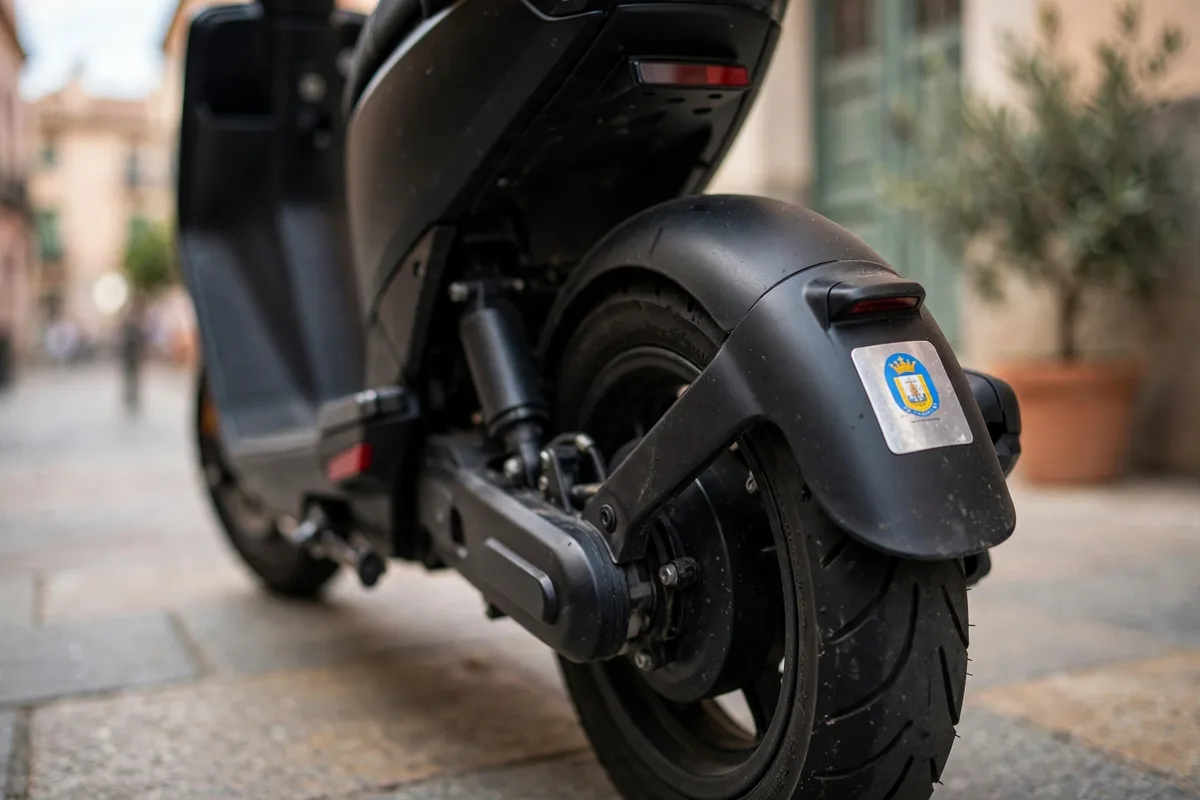 Patinete eléctrico con etiqueta identificativa de registro en una acera de una ciudad española