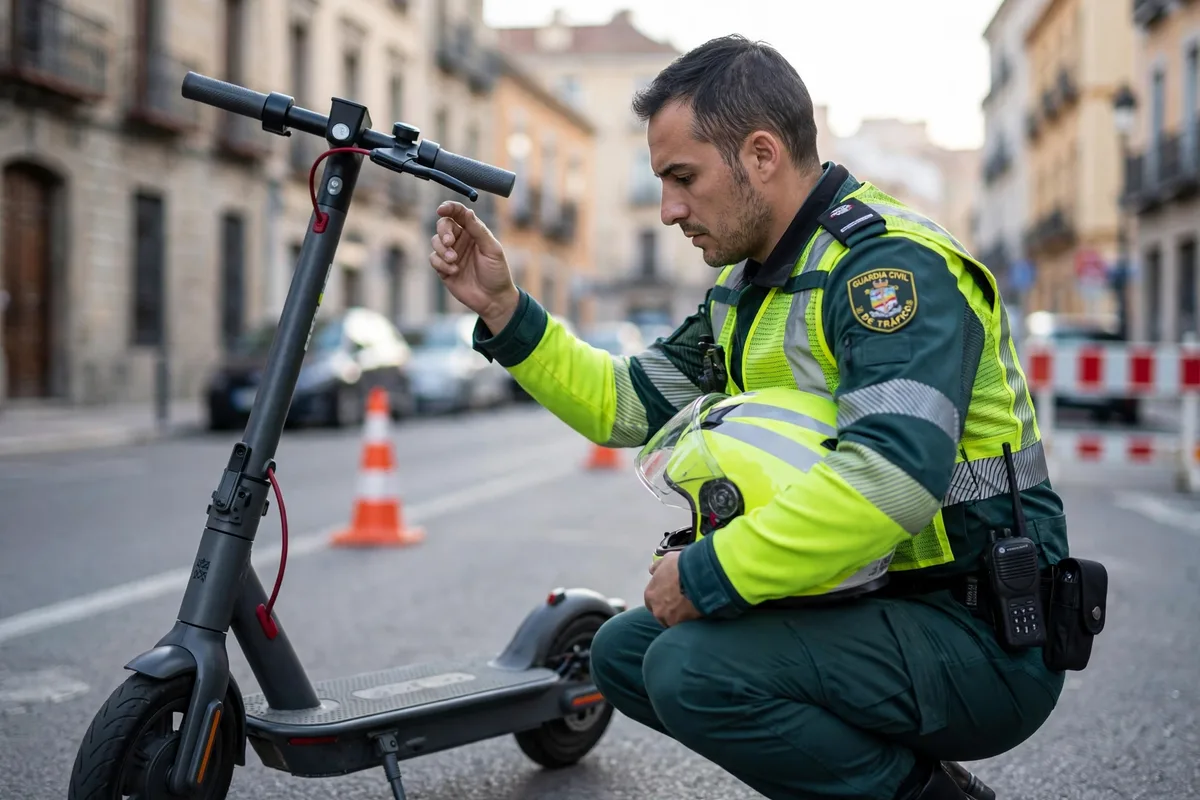 Agente de la Guardia Civil de Tráfico inspeccionando un patinete eléctrico en un control en una calle de España
