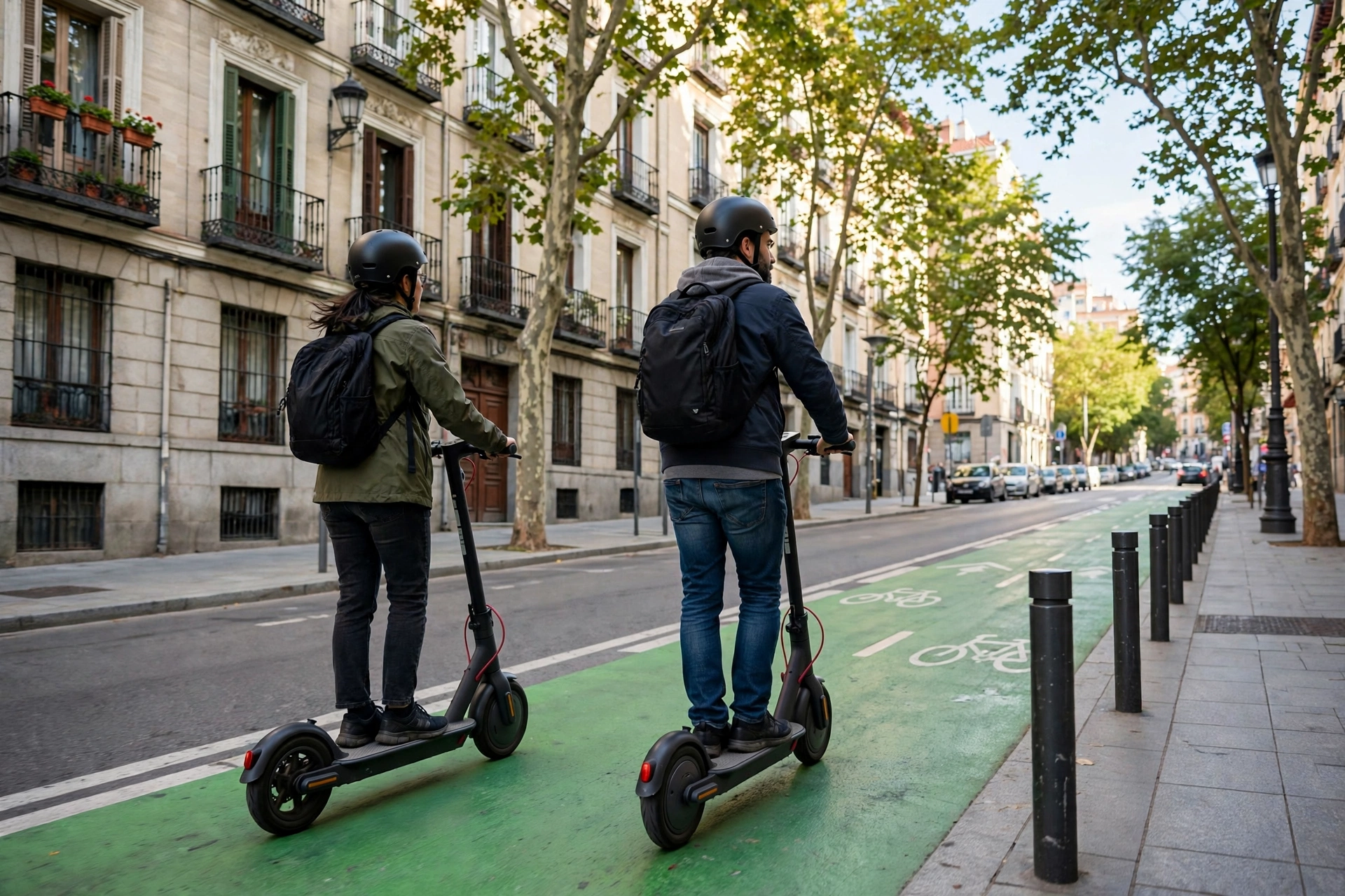 Dos personas con casco circulando en patinete eléctrico por un carril bici de una ciudad española