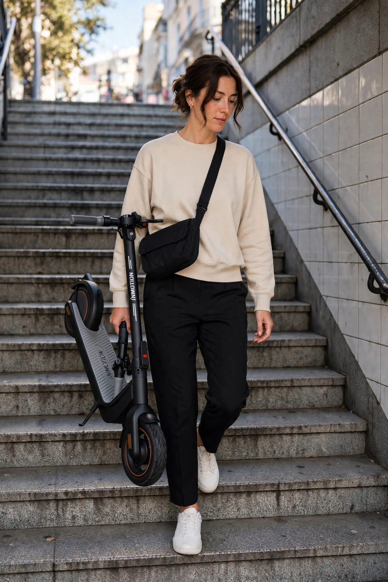 InMotion Air plegado junto a una mochila