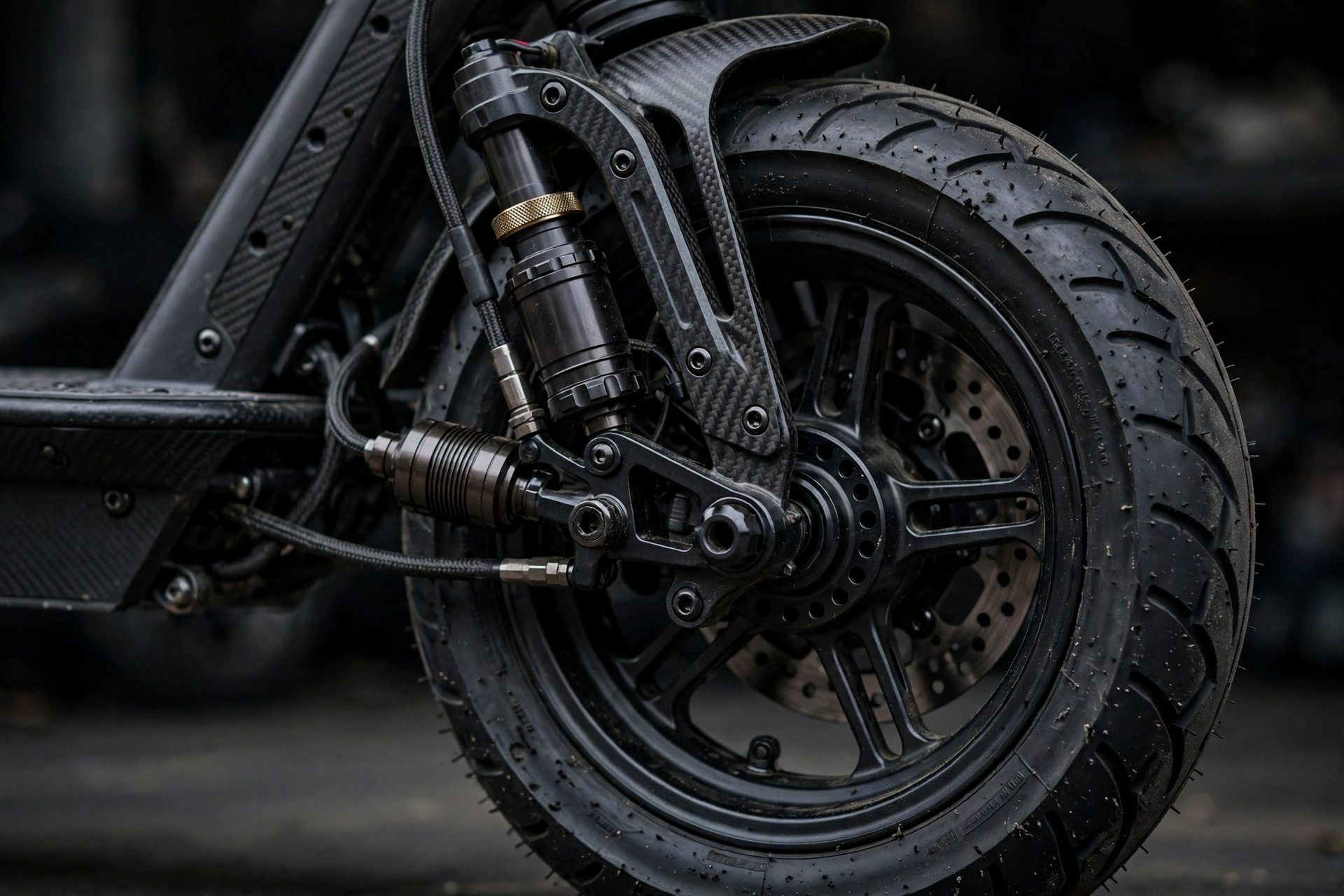 Detalle de la suspensión hidráulica del Segway SuperScooter GT3 Pro