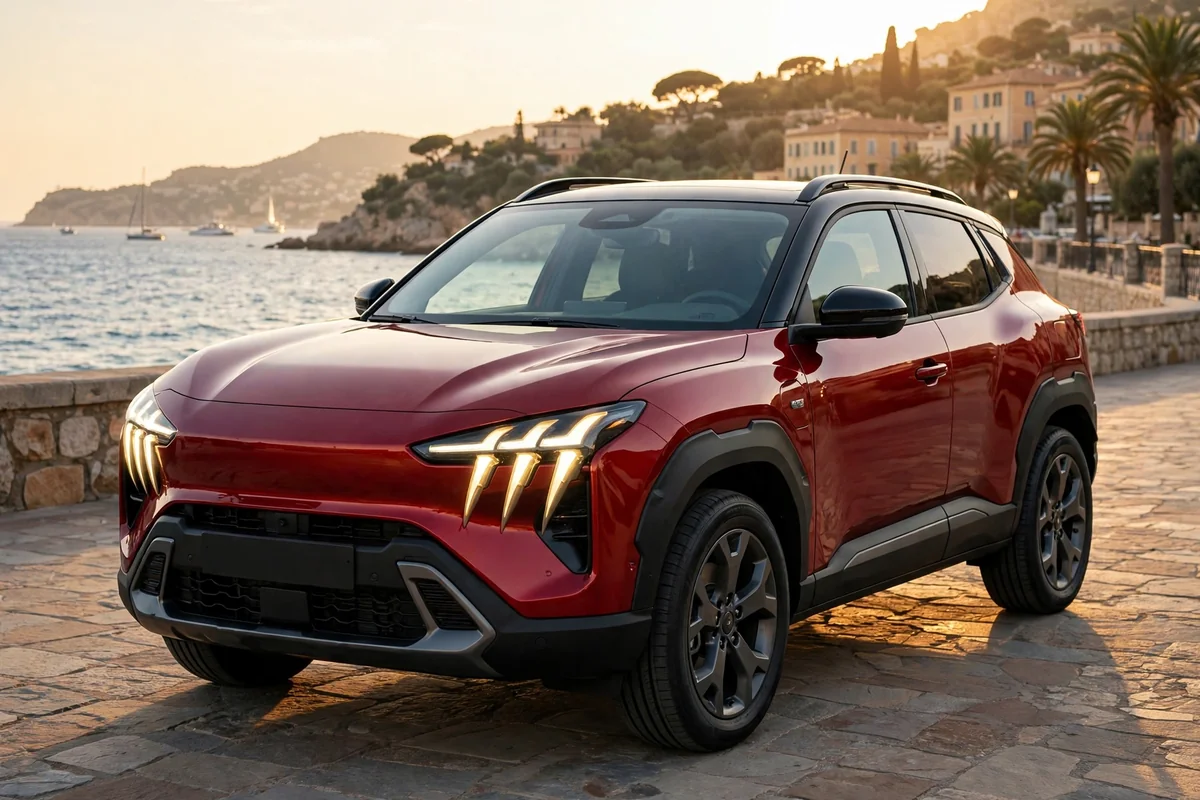 Peugeot 2008 Hybrid 145 rojo en paseo marítimo al atardecer