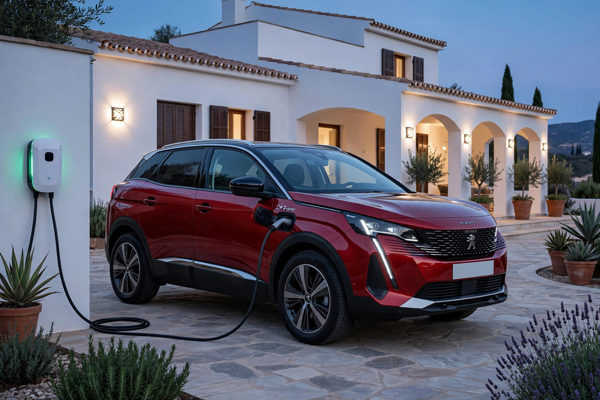 Peugeot 3008 híbrido enchufable rojo cargando en casa al atardecer