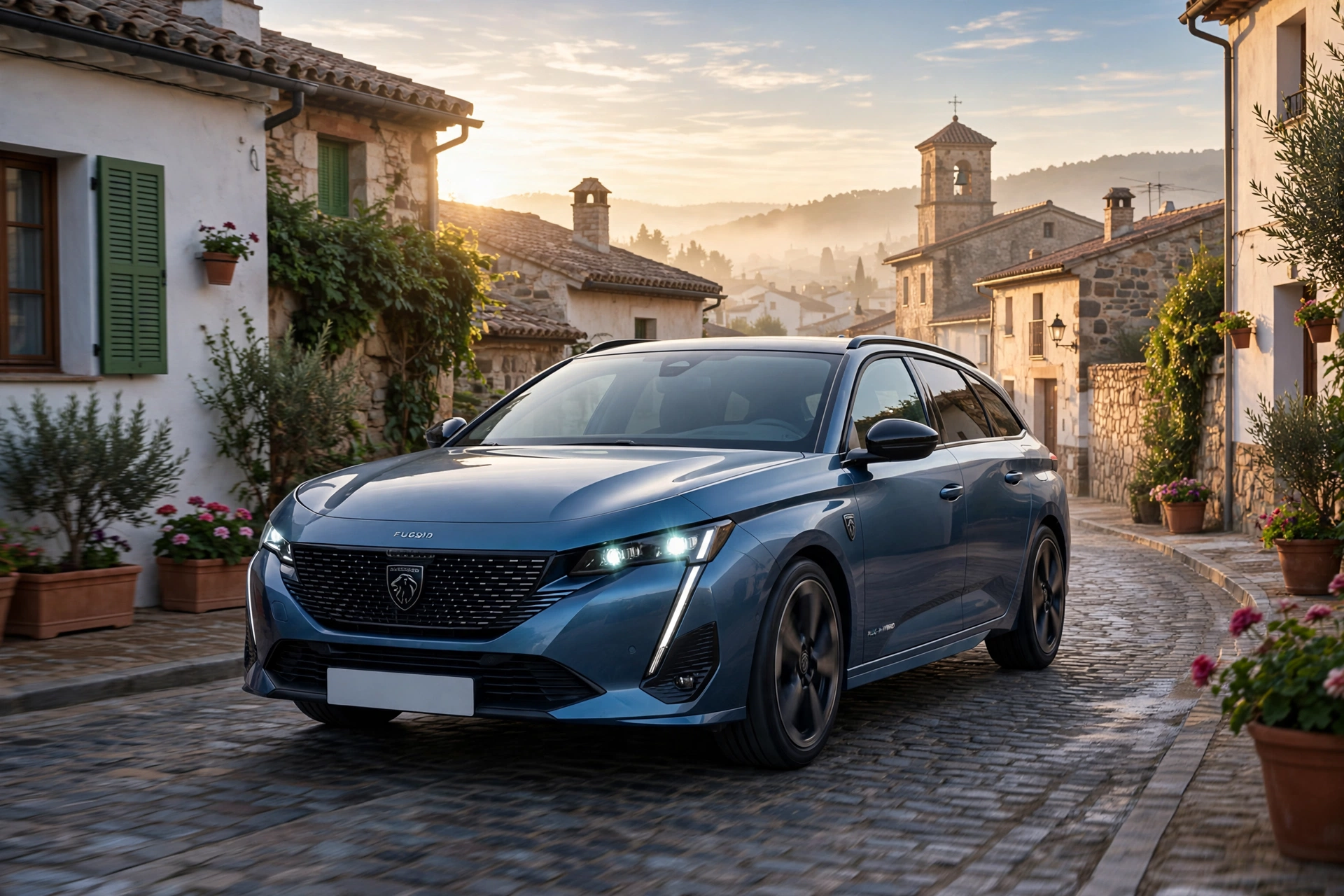 Peugeot 308 SW híbrido enchufable azul en un pueblo español al amanecer