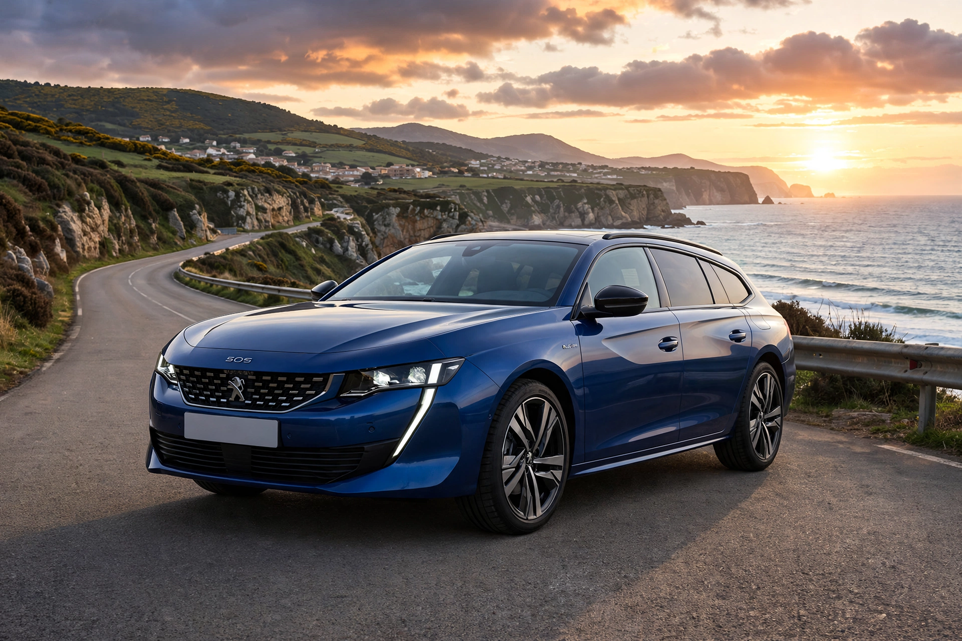 Peugeot 508 SW híbrido enchufable azul en una autopista costera al atardecer