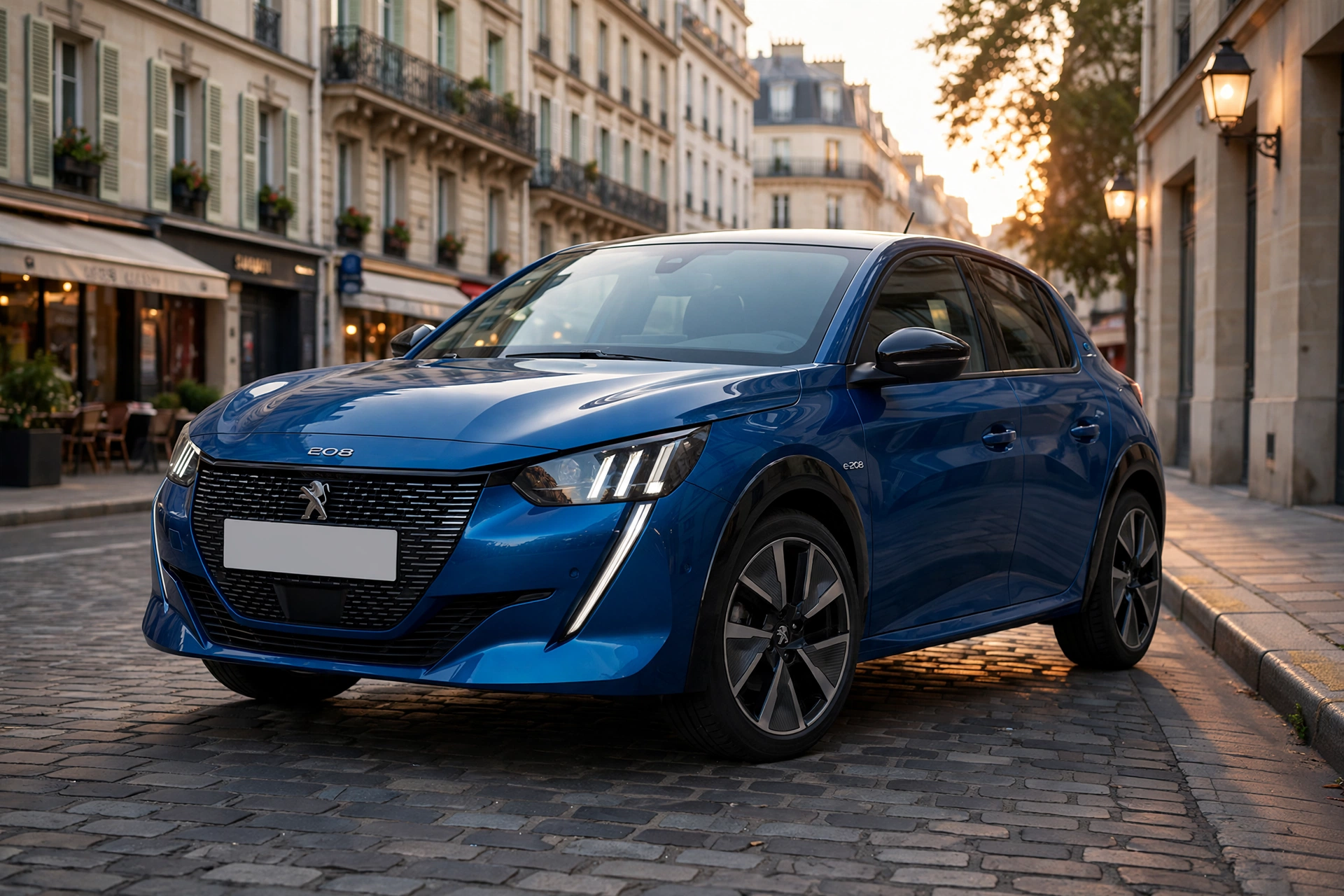 Peugeot E-208 eléctrico azul aparcado en una calle europea al atardecer
