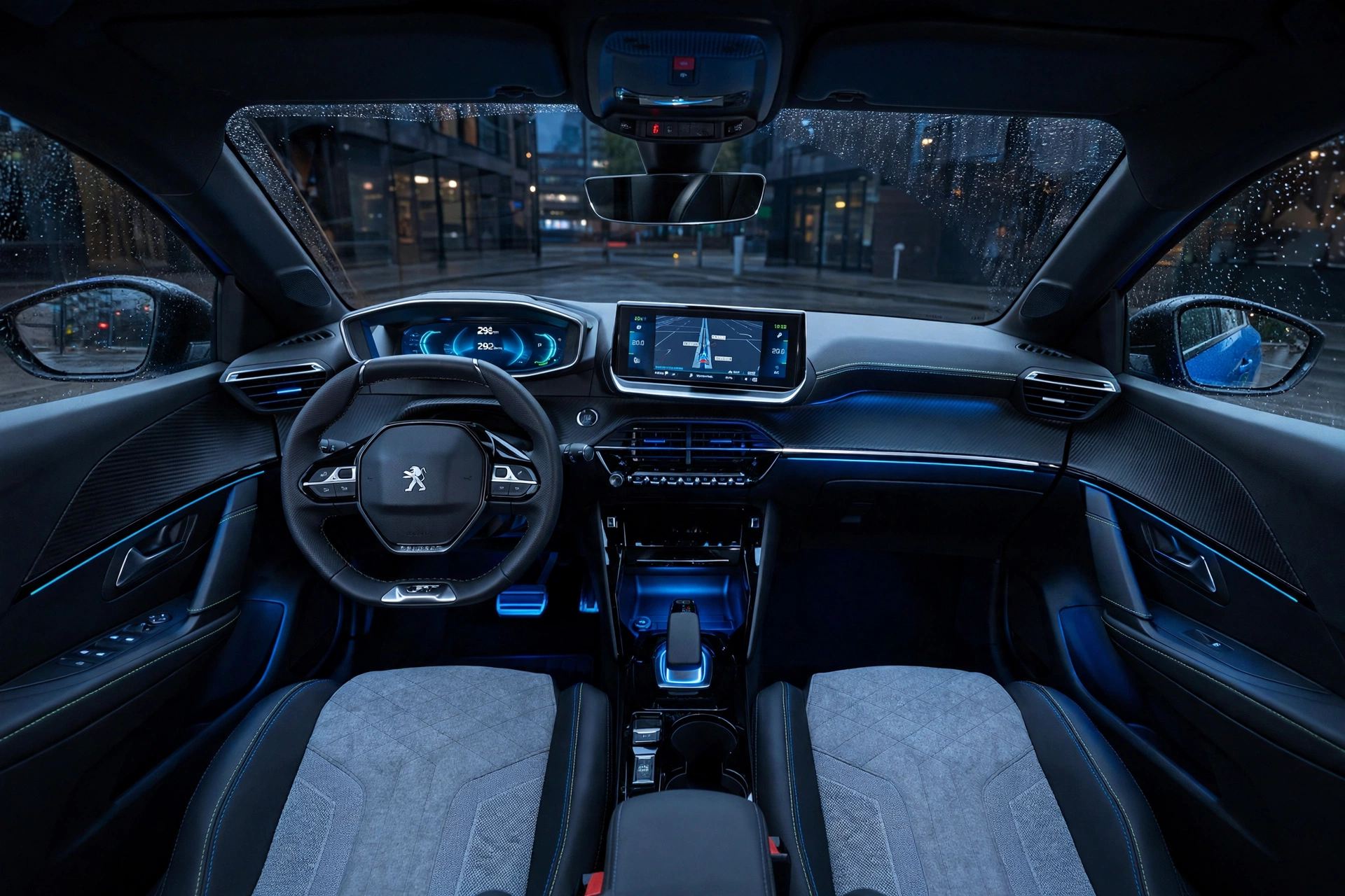 Interior del Peugeot E-208 con i-Cockpit y pantalla táctil