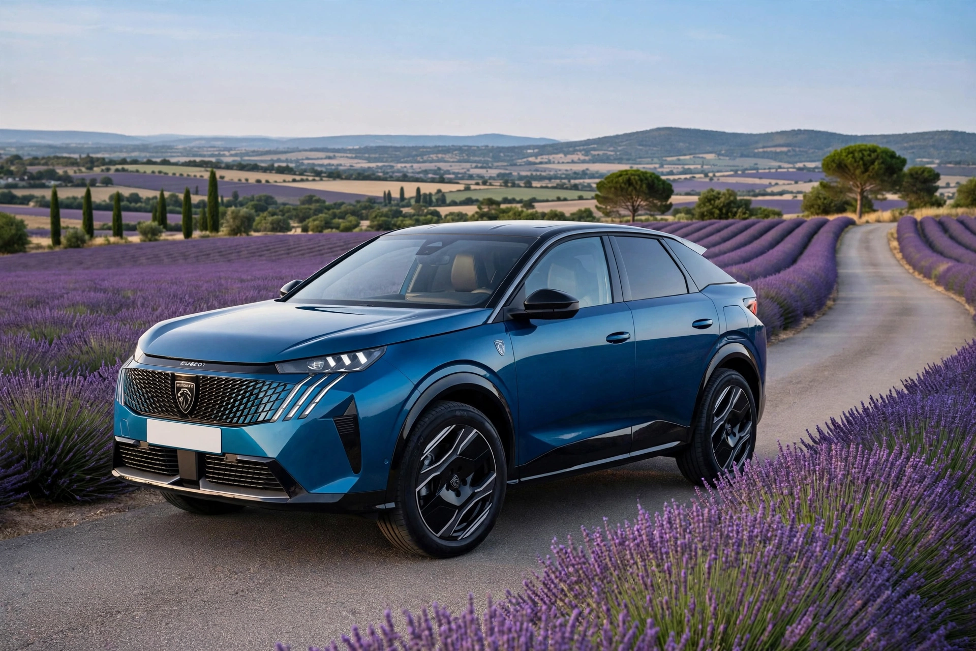 Peugeot E-3008 eléctrico azul en una carretera entre campos de lavanda
