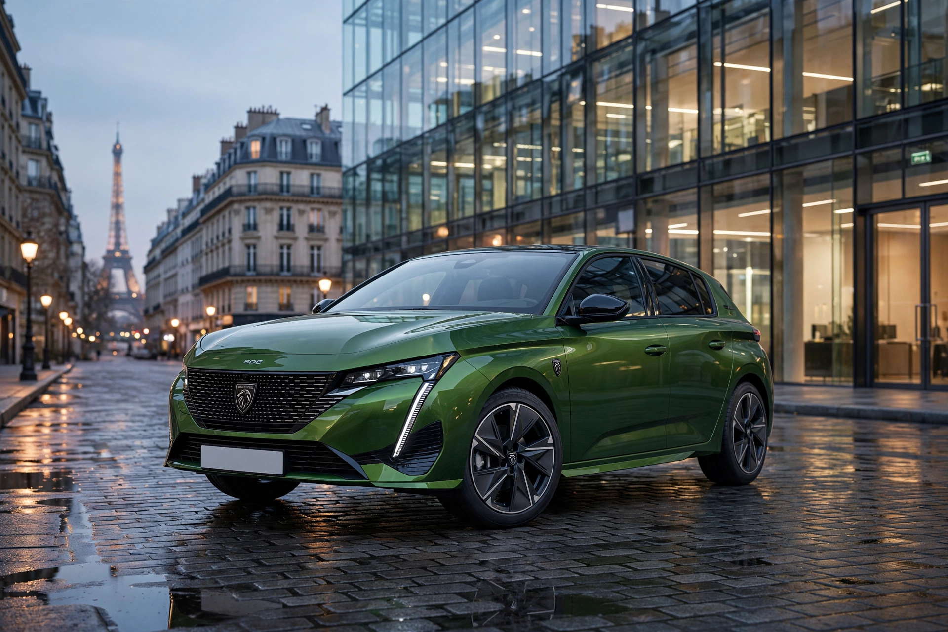 Peugeot E-308 eléctrico verde delante de un edificio moderno de cristal al atardecer