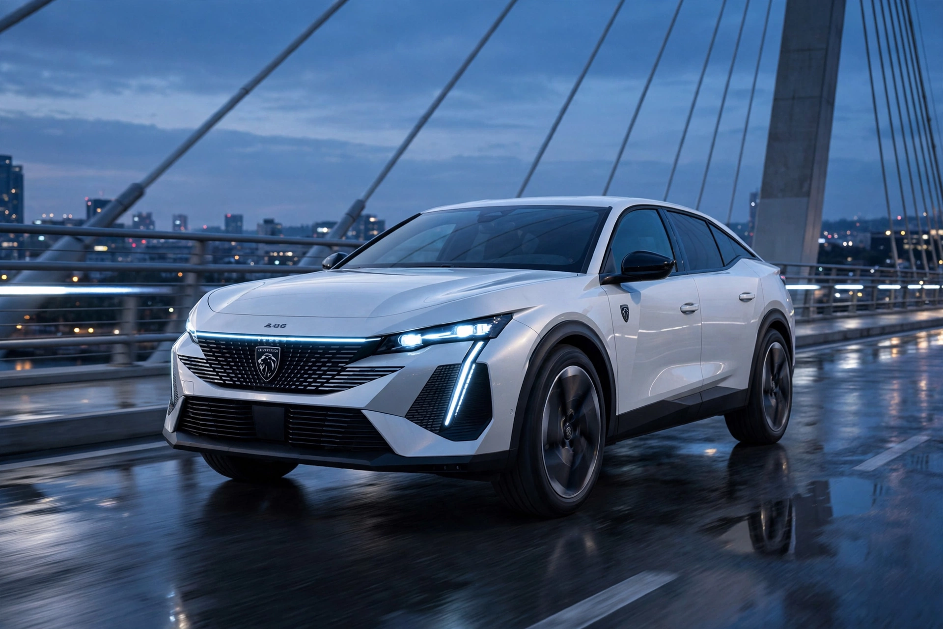 Peugeot E-408 eléctrico blanco en un puente moderno a la hora azul