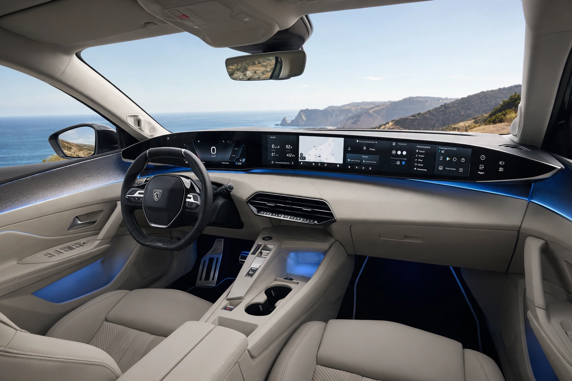 Interior del Peugeot E-408 con pantalla panorámica