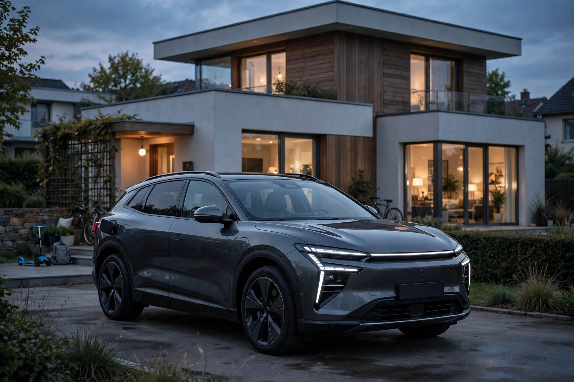 Gran SUV familiar eléctrico gris oscuro de 7 plazas aparcado frente a una casa moderna europea al atardecer