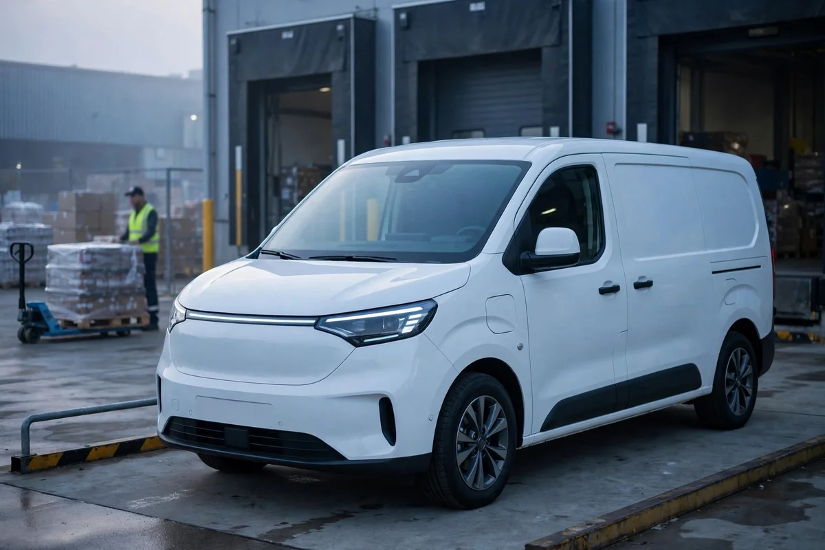 Peugeot E-Expert eléctrica blanca en muelle de carga al amanecer