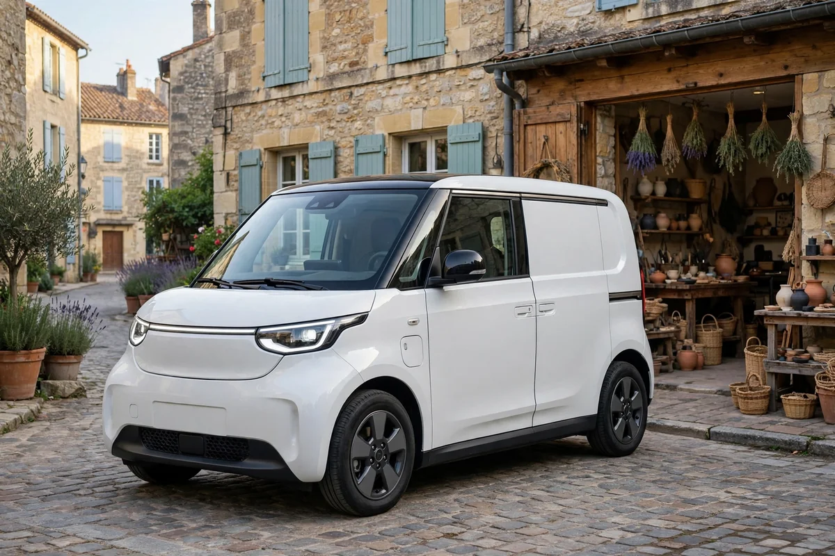 Peugeot E-Partner eléctrica blanca frente a taller artesano