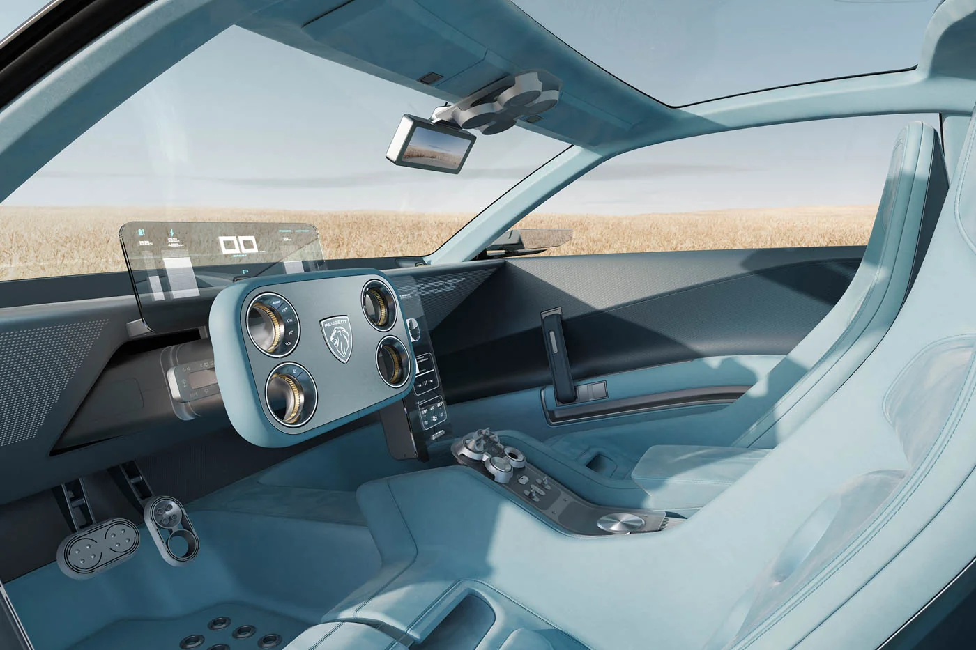 Interior del Peugeot RCZ Vision con mando Hypersquare, pantalla Micro LED transparente y techo de cristal