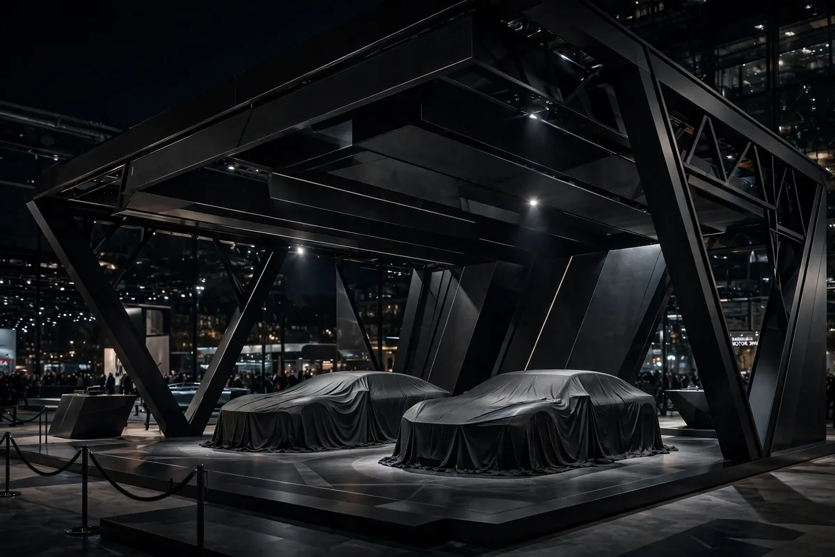 Stand futurista de Peugeot en el Salón del Automóvil de París 2026 con dos concept cars bajo focos