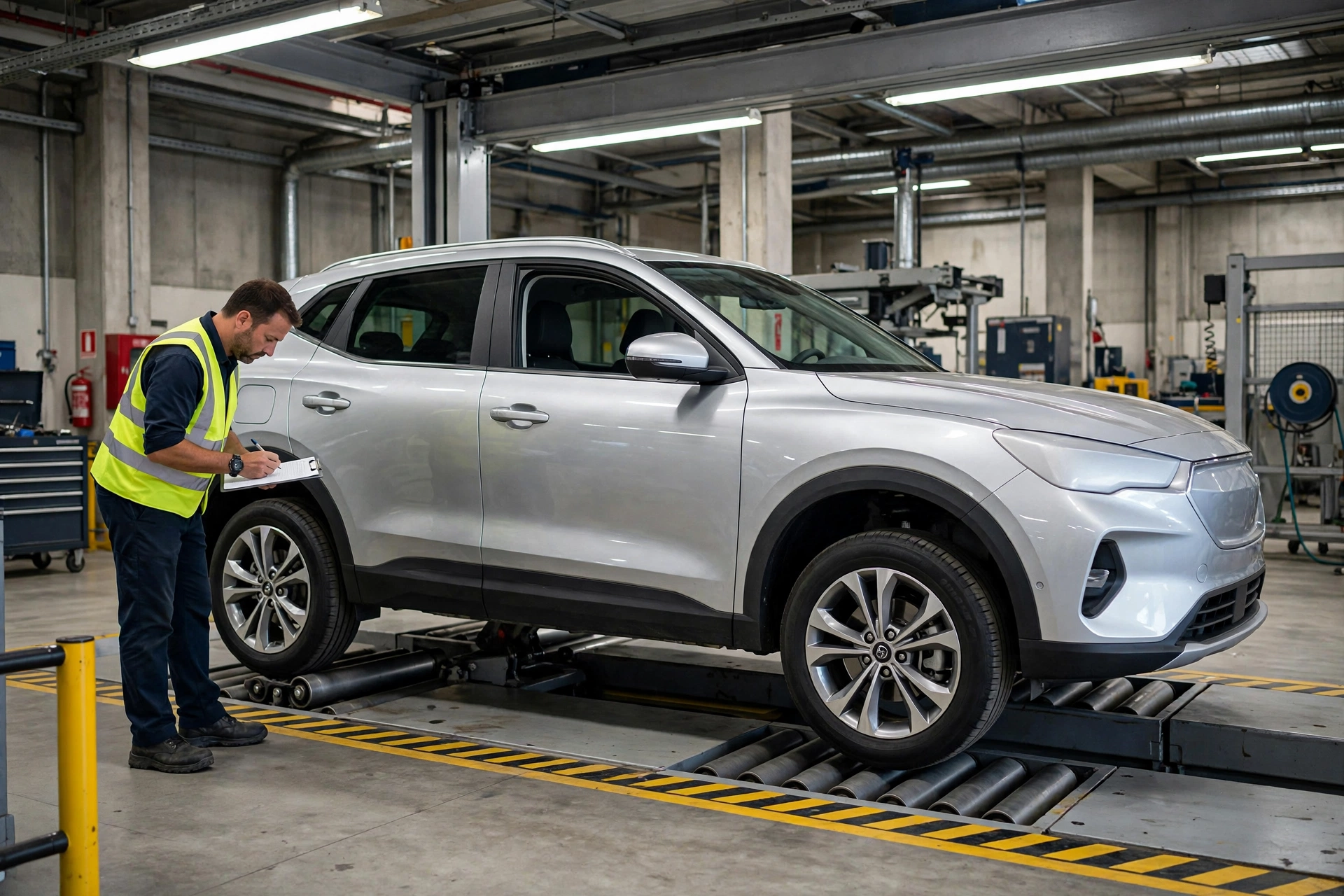 Coche pasando la inspección técnica de vehículos (ITV) en España