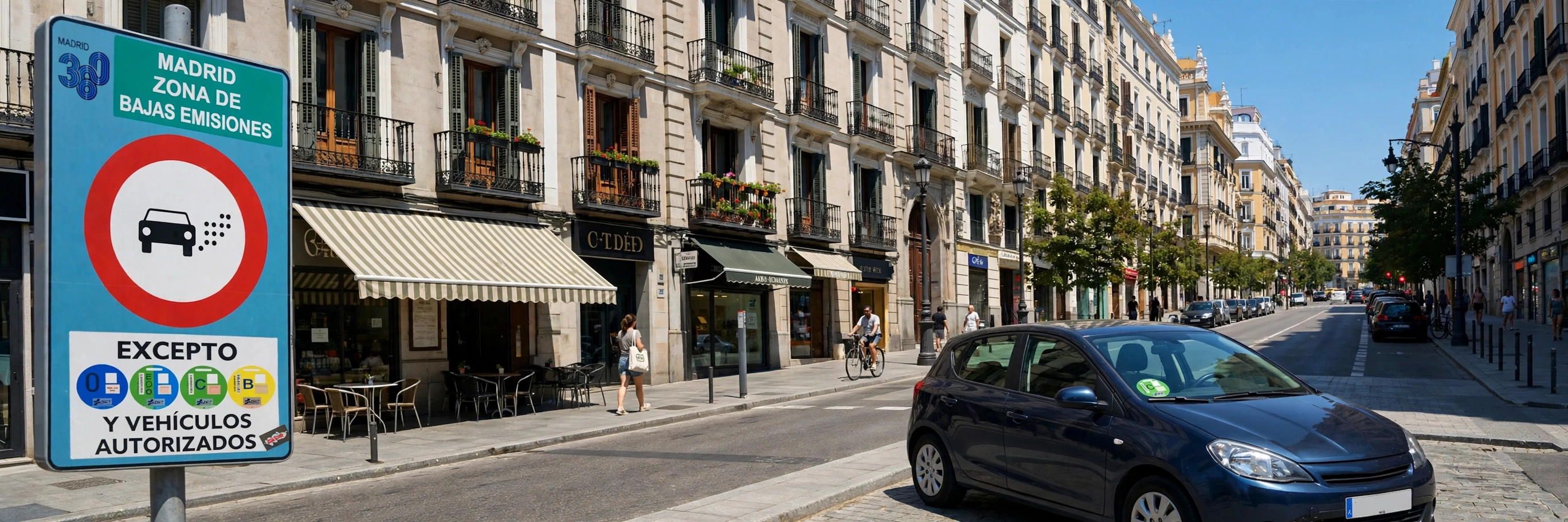 Señal de Zona de Bajas Emisiones en una calle de Madrid con un coche con distintivo ambiental de la DGT