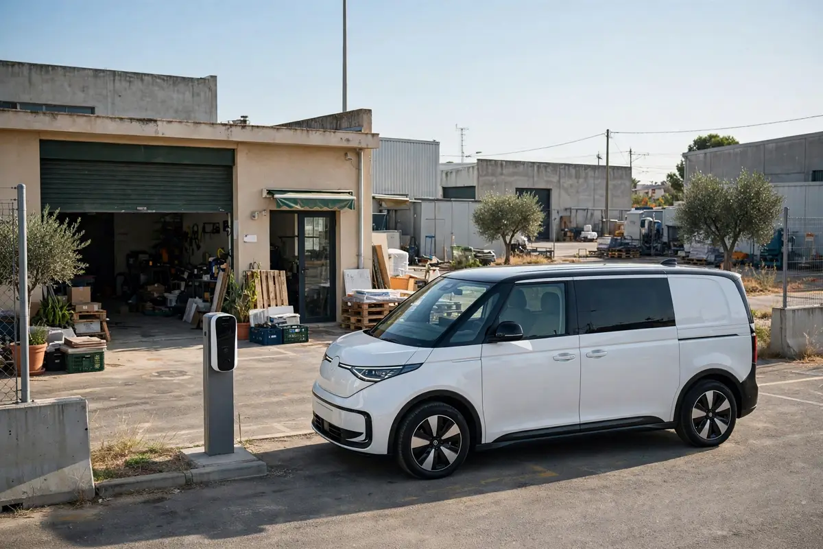 Furgoneta eléctrica blanca cargando su batería junto a un pequeño negocio en un polígono industrial español