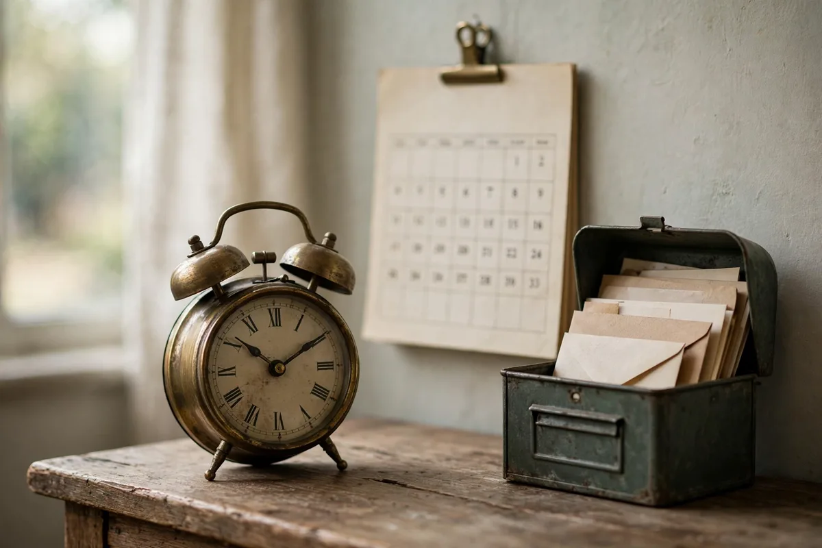 Reloj antiguo junto a un calendario y un buzón con cartas oficiales